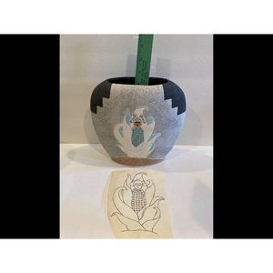 Vintage Hand Painted Ceramic Vase with Original Drawing Southwestern Boho Chic